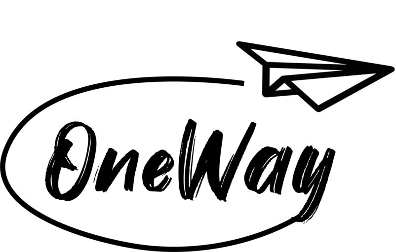 Logo OneWay: Schriftzug in einer Schleife mit Papierflieger