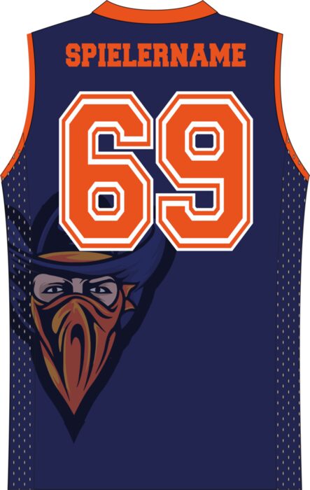 Trikot der Carinthian Outlaws in Dunkelblau und Orange mit der Nummer 69 und einem maskierten Vogel als Wappen